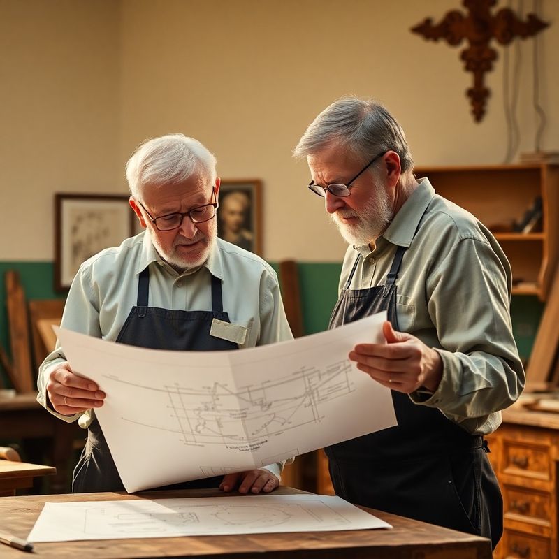 Dva zkušení řemeslníci Krejčí & Kučera nad technickým výkresem v dílně